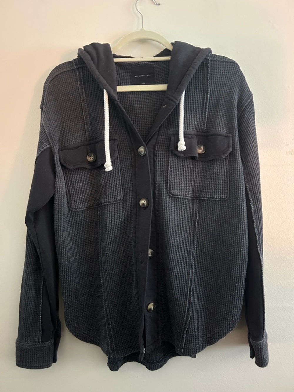 American Eagle Outfitters Charcoal Waffle Knit Hooded Shacket